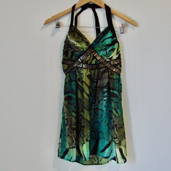 Y2K Babydoll Mini Halter Dress Top 2B Bebe Fairy Animal Print Green Black XS - Picture 1 of 13